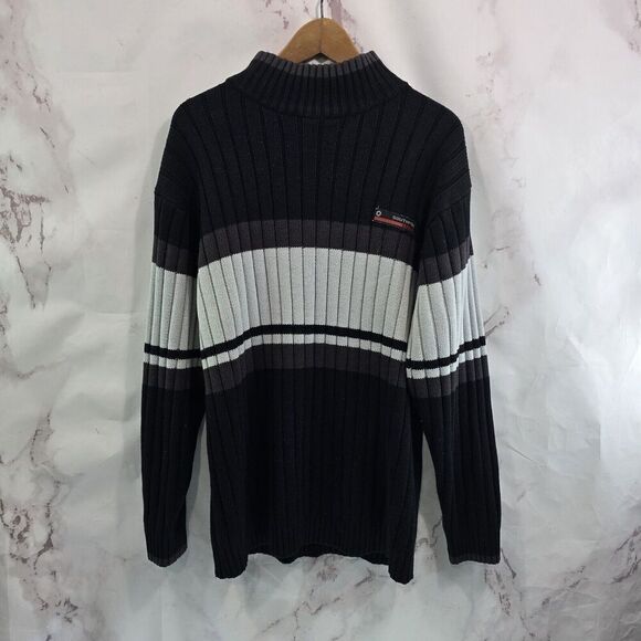 Vintage Southpole Sweater Mens Medium Y2K Black White Striped Mock Neck - Picture 1 of 9